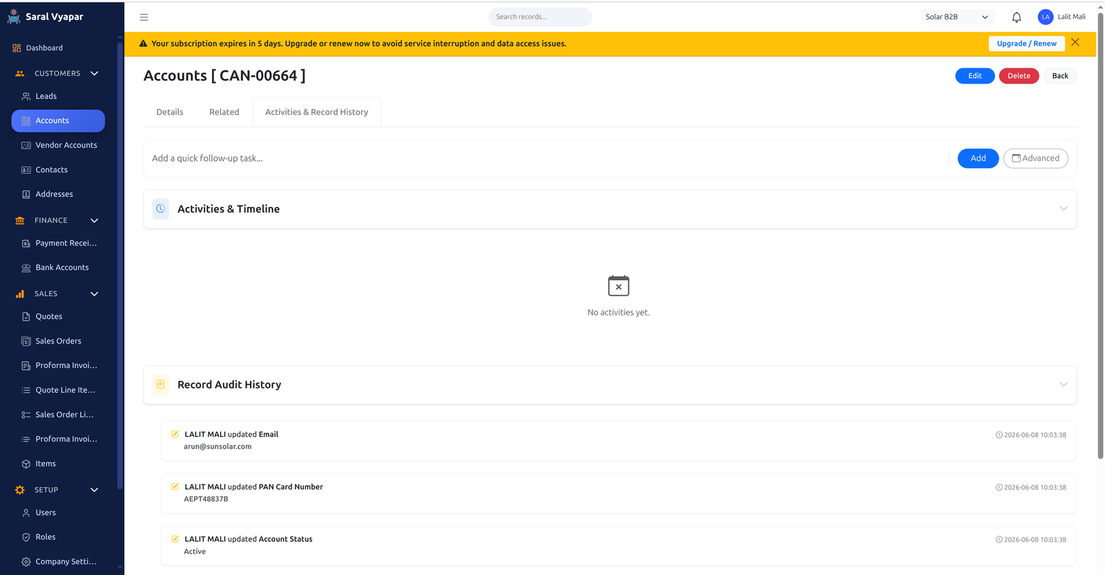 Account Activities Tab