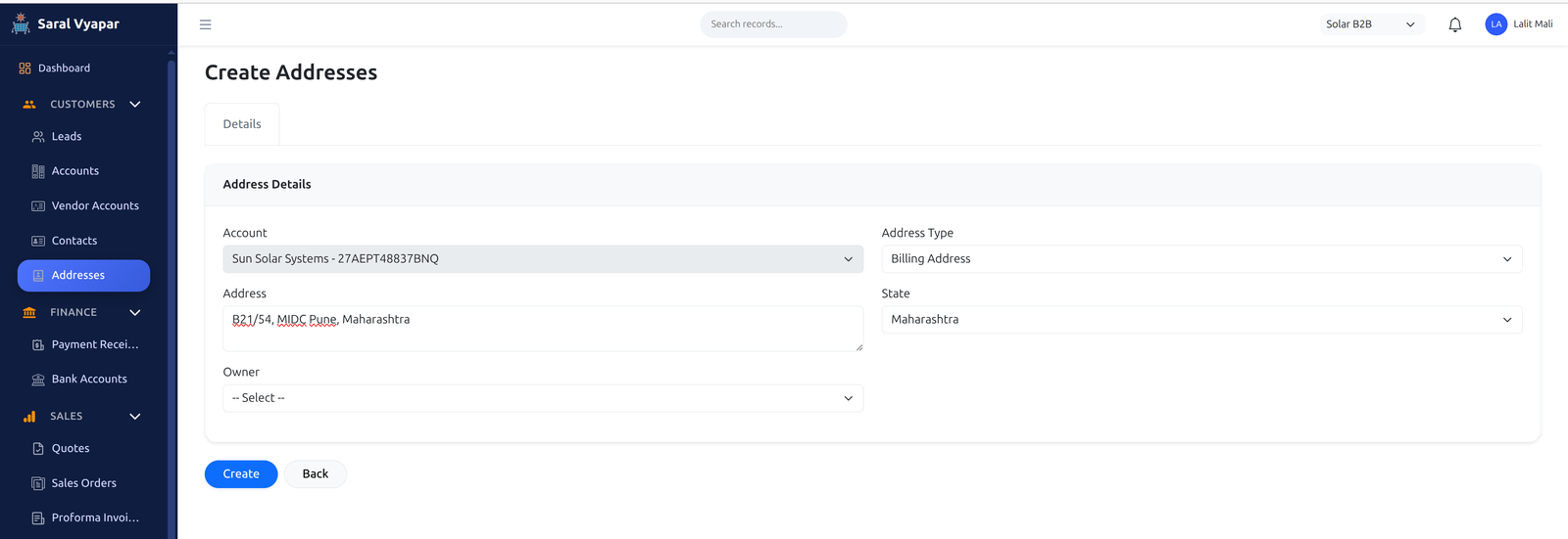 Account Detail Address Section