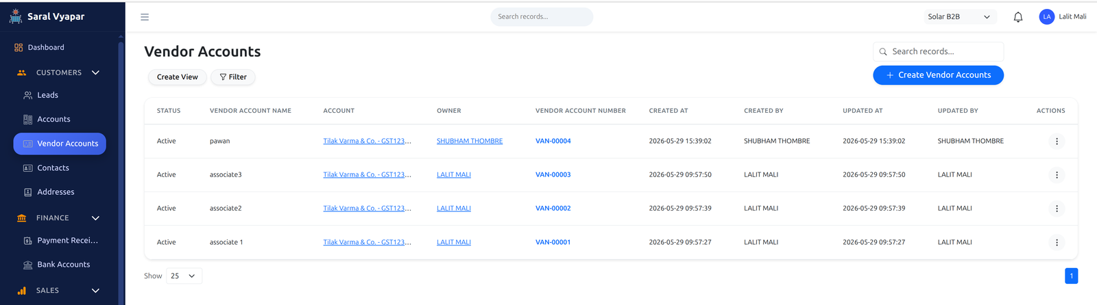 Create Vendor Account Menu