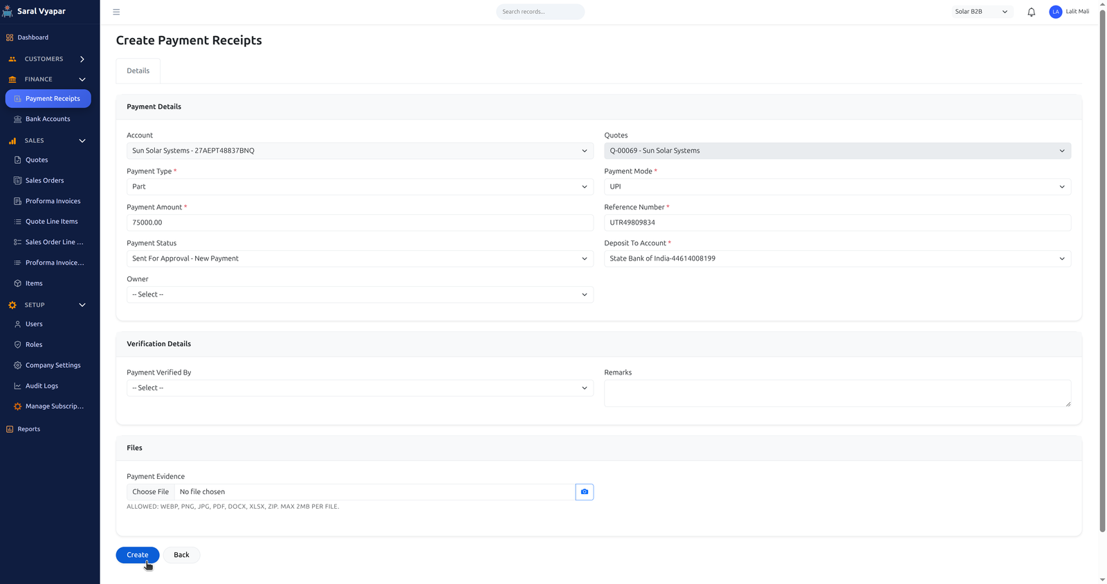 Create Payment Receipt Form