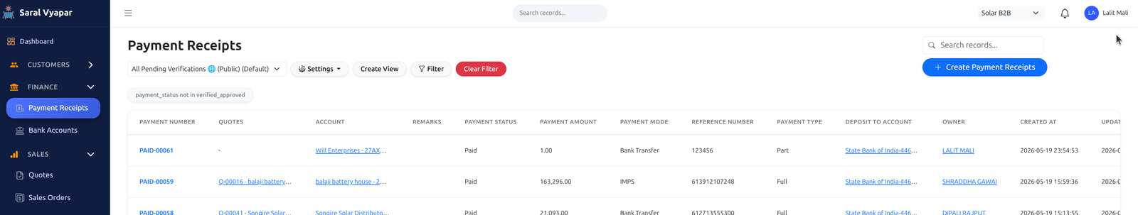 Payment Receipt Tab